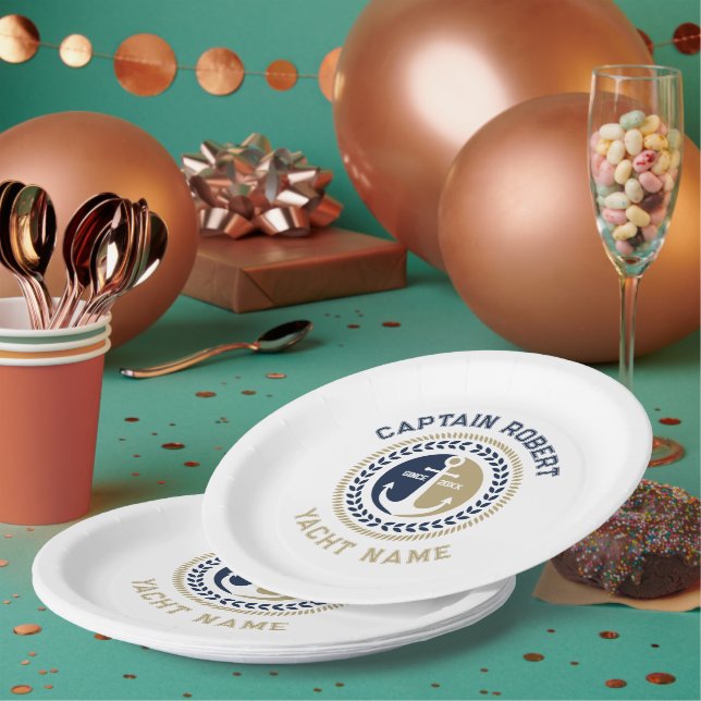 Plato De Papel Anuncio de barco azul y dorado (Multi)