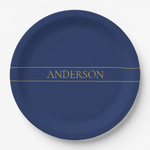 Plato De Papel Apellido o empresa Navy Blue & Gold Name