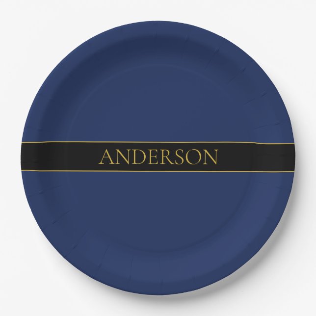 Plato De Papel Apellido o empresa Navy Blue & Gold Name (Anverso)