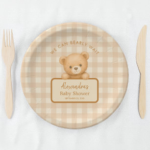 Plato De Papel Apenas Esperamos Fiesta de Bebé de Cuadros Marrone