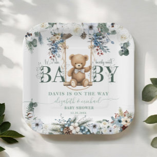 Plato De Papel Apenas Esperamos Salvia Verde Invernal Baby Shower