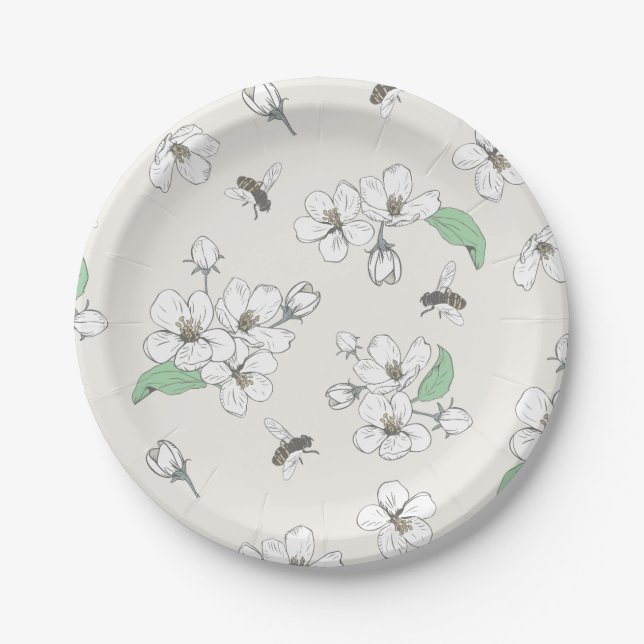 Plato De Papel Apple Blossom Honey Bee Marfil White (Anverso)