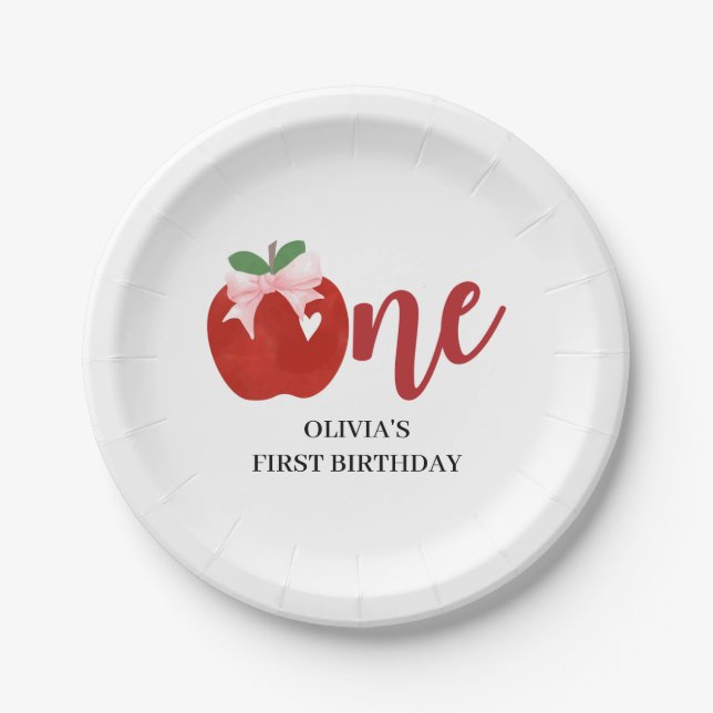 Plato De Papel Apple de nuestro ojo cumpleaños arco rosado (Anverso)