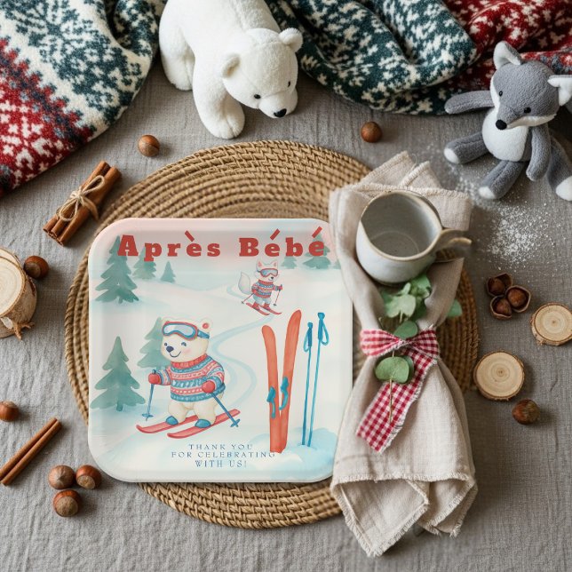 Plato De Papel Après Bébé baby ski Polar bear Fox woodland (Après Bébé baby ski Polar bear Fox woodland Paper Plates)