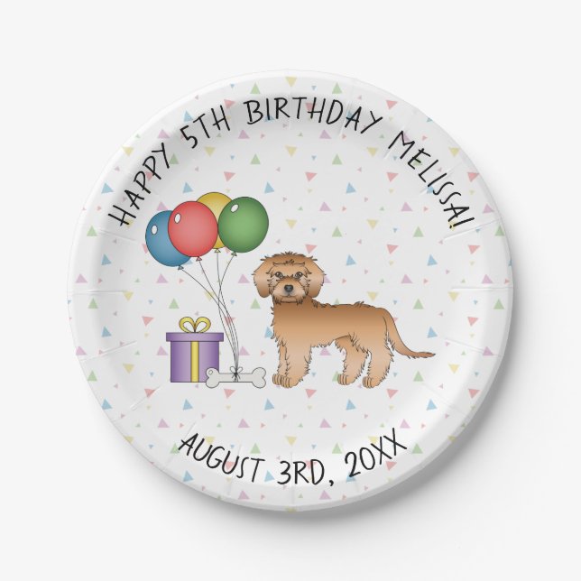 Plato De Papel Apricot Mini Goldendoodle Cartoon Dog - Cumpleaños (Anverso)