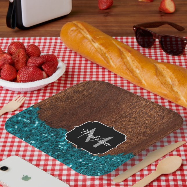Plato De Papel Aqua azul brillante madera marrón rústica Monogram (Picnic)
