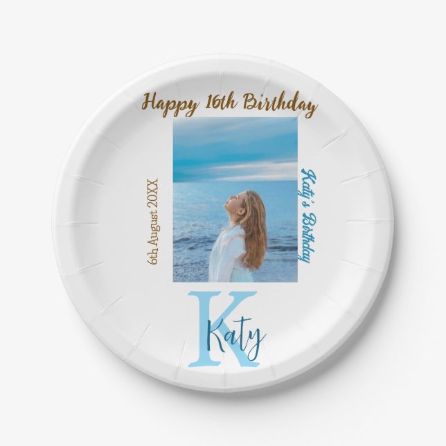 Plato De Papel Aqua azul marrón feliz nombre de foto de 16 años (Anverso)