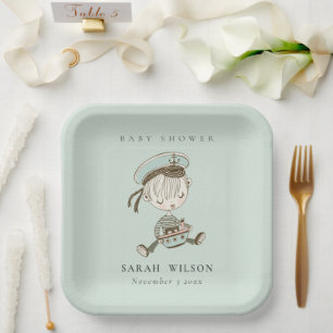 Plato De Papel Aqua Blue Boys Pequeño Sailor Nautical Baby Shower