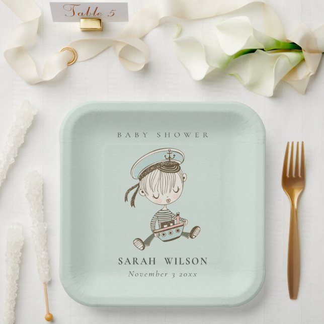 Plato De Papel Aqua Blue Boys Pequeño Sailor Nautical Baby Shower (Boda)