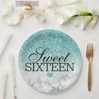 Plato De Papel Aqua Blue Faux Purpurina/Marble Sweet 16