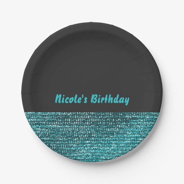 Plato De Papel Aqua Blue & Grey Modern Glam Sequins Fiesta de Mod (Anverso)