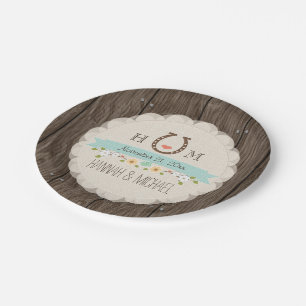 Plato De Papel Aqua Blue Monogrammed Horseshoe Heart Boda