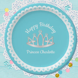 Plato De Papel Aqua Blue Princess Tiara Bolsa de papel de cumplea