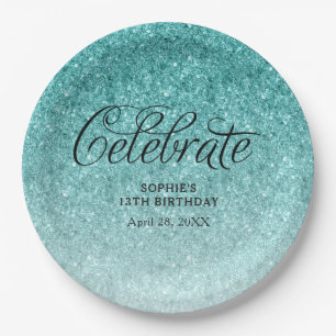 Plato De Papel Aqua Blue Purpurina celebra lo personalizado