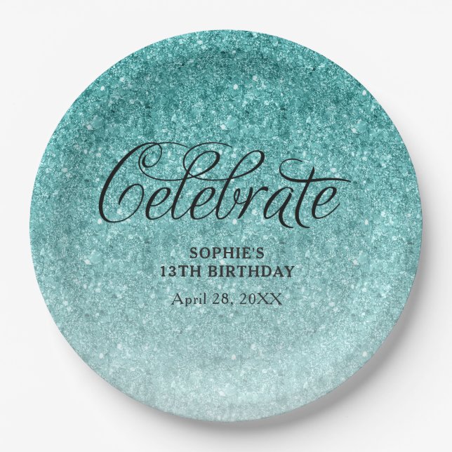 Plato De Papel Aqua Blue Purpurina celebra lo personalizado (Anverso)