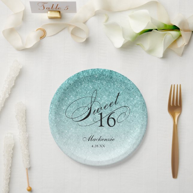 Plato De Papel Aqua Blue Purpurina Sweet 16 Personalizado (Boda)