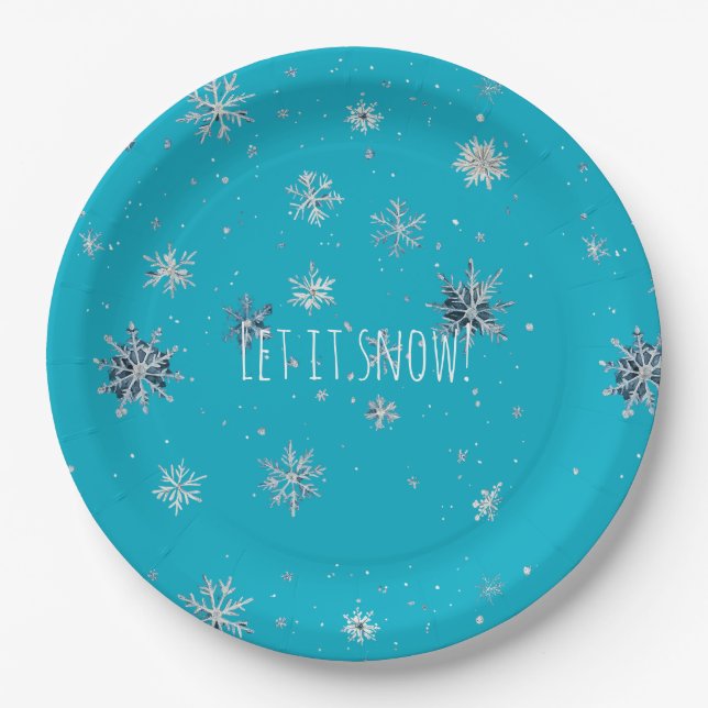 Plato De Papel Aqua Blue Silver White Christmas Snowflakes (Anverso)