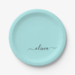Plato De Papel Aqua Blue Verde azulada Girly Script Monograma Nom