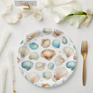 Plato De Papel Aqua Cream Beach Shells Bridal Shower