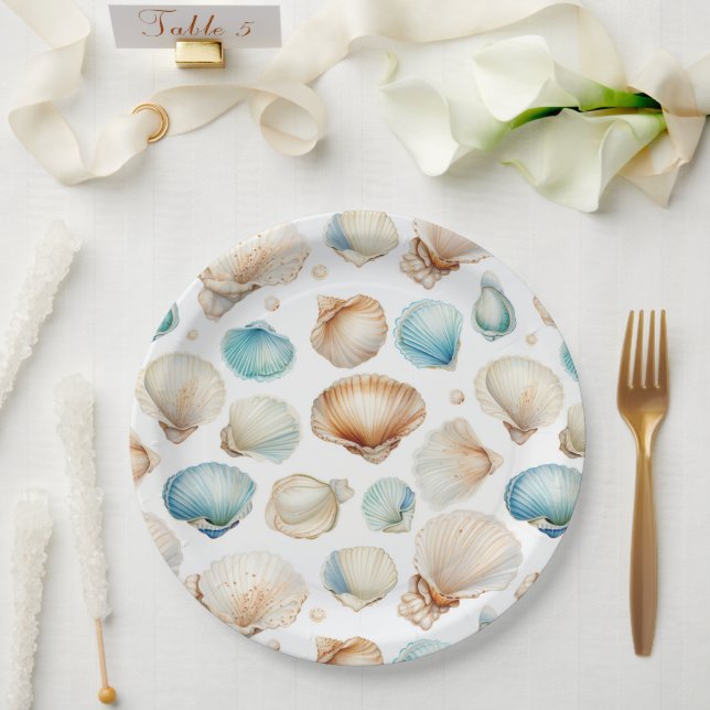 Plato De Papel Aqua Cream Beach Shells Bridal Shower (Boda)