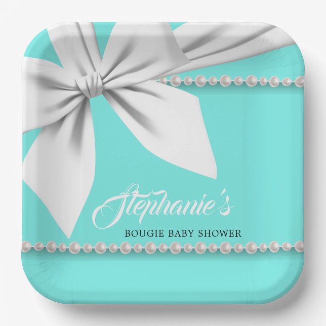Plato De Papel Aqua Elegant Tiffany Pearls Fancy Baby Shower (Anverso)