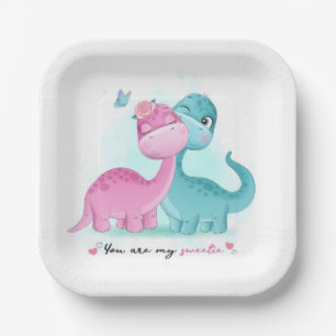 Plato De Papel Aqua gemela y dinosaurio rosado