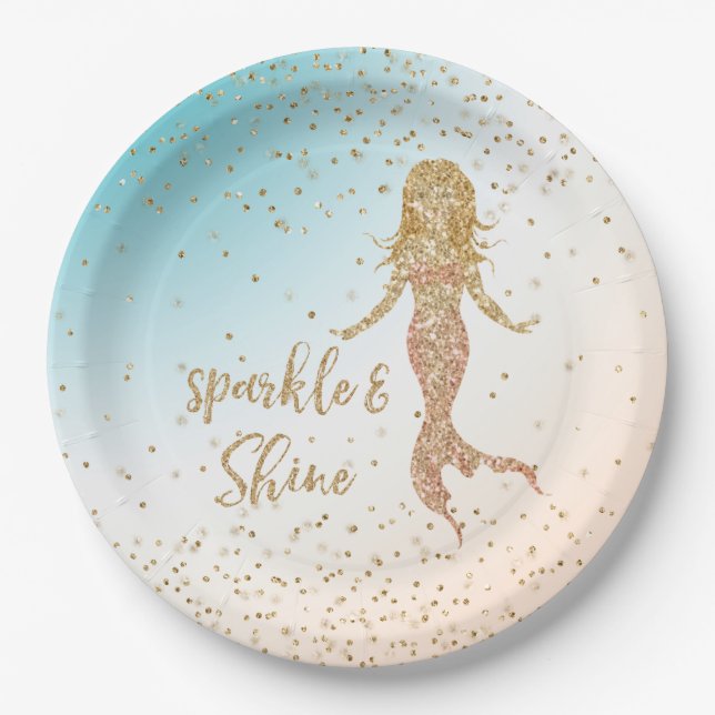 Plato De Papel Aqua Gold Mermaid Sparkle Purpurina Confetti (Anverso)
