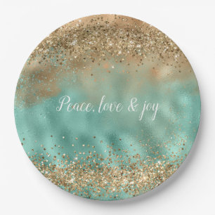 Plato De Papel Aqua Gold Purpurina Confetti