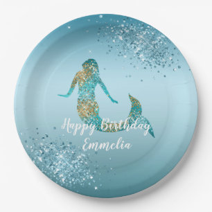 Plato De Papel Aqua Ombre Purpurina de oro Sparkle Mermaid