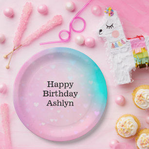 Plato De Papel Aqua Pink Bokeh Hearts Cumpleaños