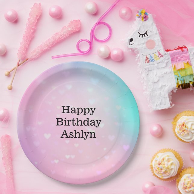 Plato De Papel Aqua Pink Bokeh Hearts Cumpleaños (Fiesta)