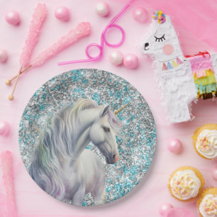 Plato De Papel Aqua Silver Unicornio Purpurina Sparkle Cumpleaños