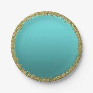 Plato De Papel Aqua Turquesa Bañada en Oro Brillo Glam Brillante