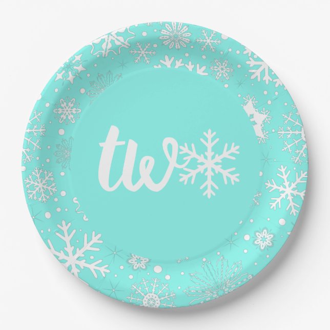 Plato De Papel Aqua Winter Second Birday Snowflake Plates (Anverso)