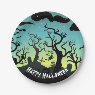 Plato De Papel Aqua y el cementerio amarillo embrujado Halloween