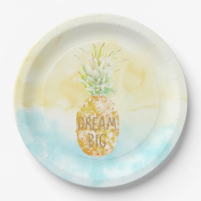 Plato De Papel Aqua Yellow Pineapple Gold Dream (Anverso)
