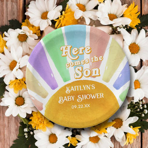 Plato De Papel Aquí Viene El Baby Shower De Los Niños Retro Son