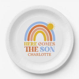 Plato De Papel Aquí Viene El Baby Shower Del Niño Arcoiris De Son