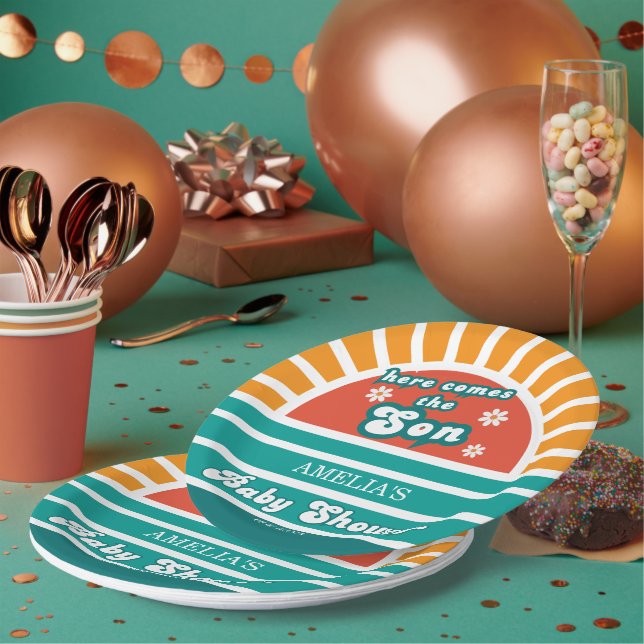 Plato De Papel Aquí viene el Fiesta de Baby Shower Son Retro (Multi)