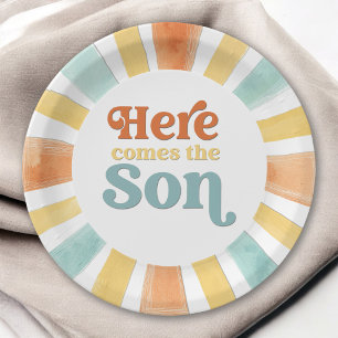 Plato De Papel Aquí viene el hijo: Baby Shower caprichoso con sol
