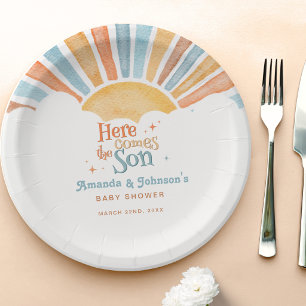 Plato De Papel Aquí viene el hijo Baby Shower Niño Sol