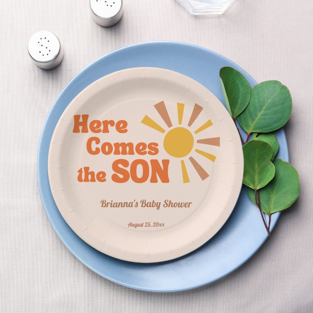 Plato De Papel Aquí viene el hijo bebé ducha groovy retro (Here comes the son groovy retro baby shower printed paper plates personalized table decor)