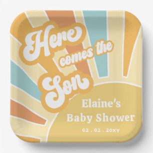 Plato De Papel Aquí viene el hijo boho retro bebé ducha