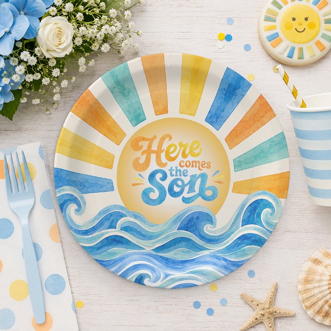 Plato De Papel Aquí viene el hijo Cumpleaños de bebé con sol Plat (Here comes the son - PaperPlates)