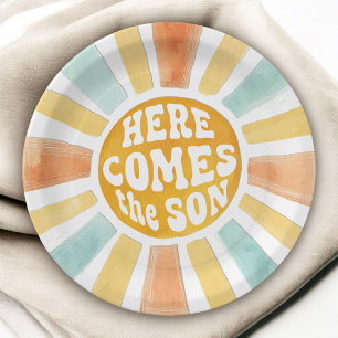 Plato De Papel Aquí viene el sol Retro Baby Shower Sunshine
