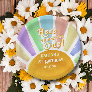 Plato De Papel ¡Aquí Viene El Uno! Retro Boho Sun 1er cumpleaños