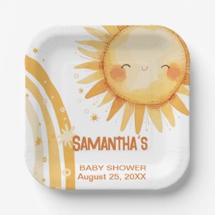 Plato De Papel Aquí viene la tarjeta de sol boho para baby shower