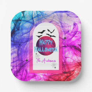 Plato De Papel Araña azul rosada Web Full Moon Bat Happy Hallowee