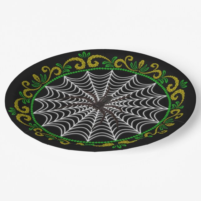Plato De Papel Araña Blanca Verde Amarilla Y Araña Negra (Angular)