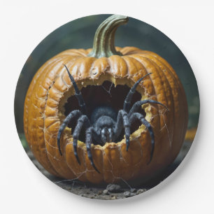 Plato De Papel Araña Negra Saliente de una Calabaza